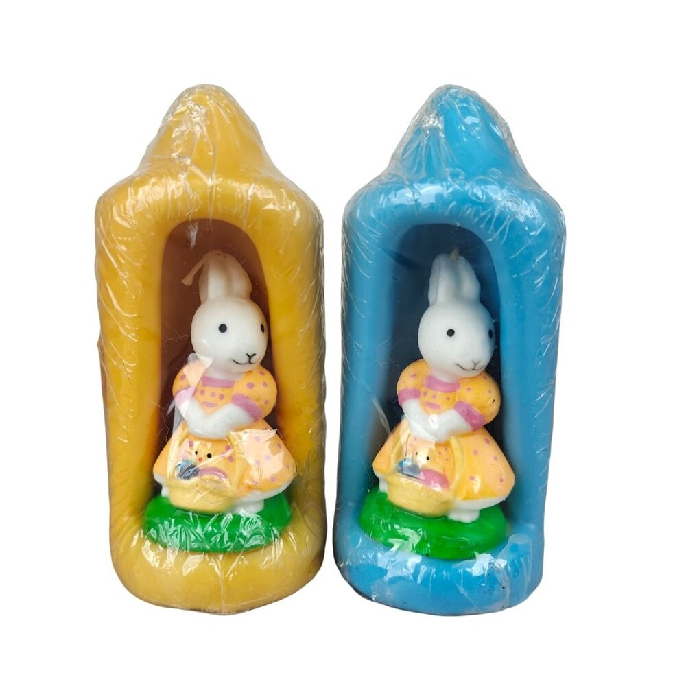 Vintage Anthropomorphic Easter Bunny Candles Set Yellow & Blue 5.5" Wax Figurine